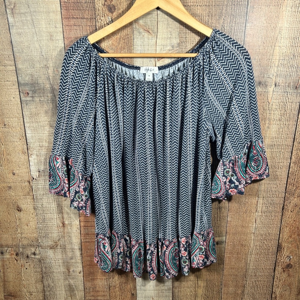 Style & Co 1X Blue Pink Chevron Paisley Ruffle Bell Sleeve Peasant Boho Top